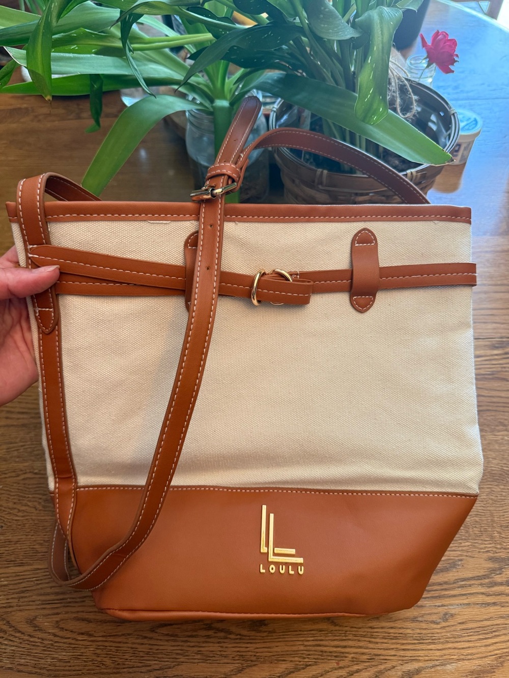 Loulu Beige Canvas Tote with Brown Trim